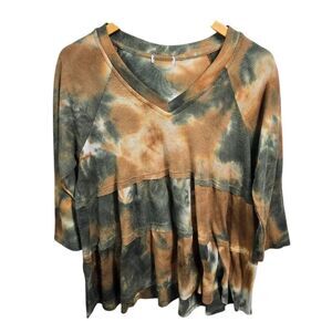 Thyme & Honey Gold & Green Tie‑Dye Boho 3/4 Sleeve Top Size M